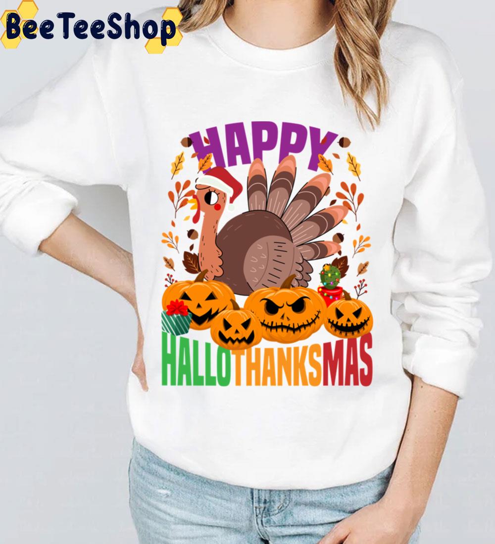 Turkey And Scary Pumpkin Head Happy Hallothanksmas Trending Unisex Sweatshirt