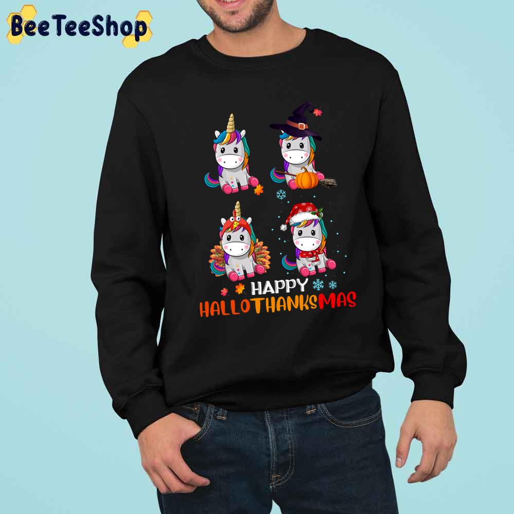 Unicorn Halloween And Merry Christmas Happy Hallothanksmas Trending Unisex Sweatshirt