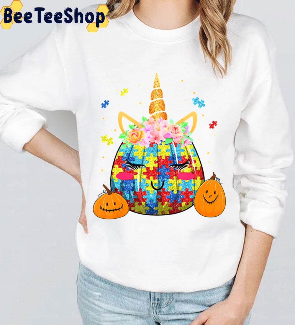 Unicorn Pumpkin Head Autistic Children Funny Halloween Thanksgiving Trending Unisex Sweatshirt