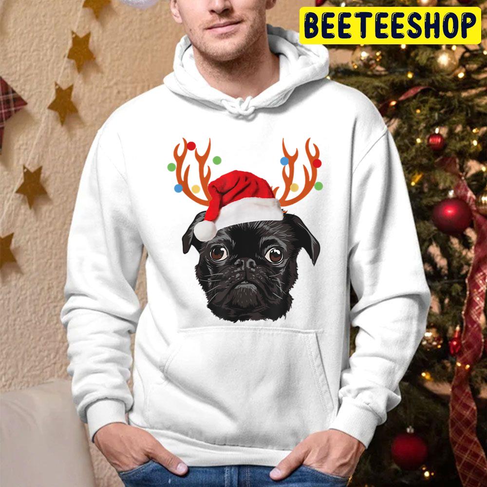 Black Pug Santa Christmas Reindeer Christmas Lights Pajama Trending Unisex Hoodie