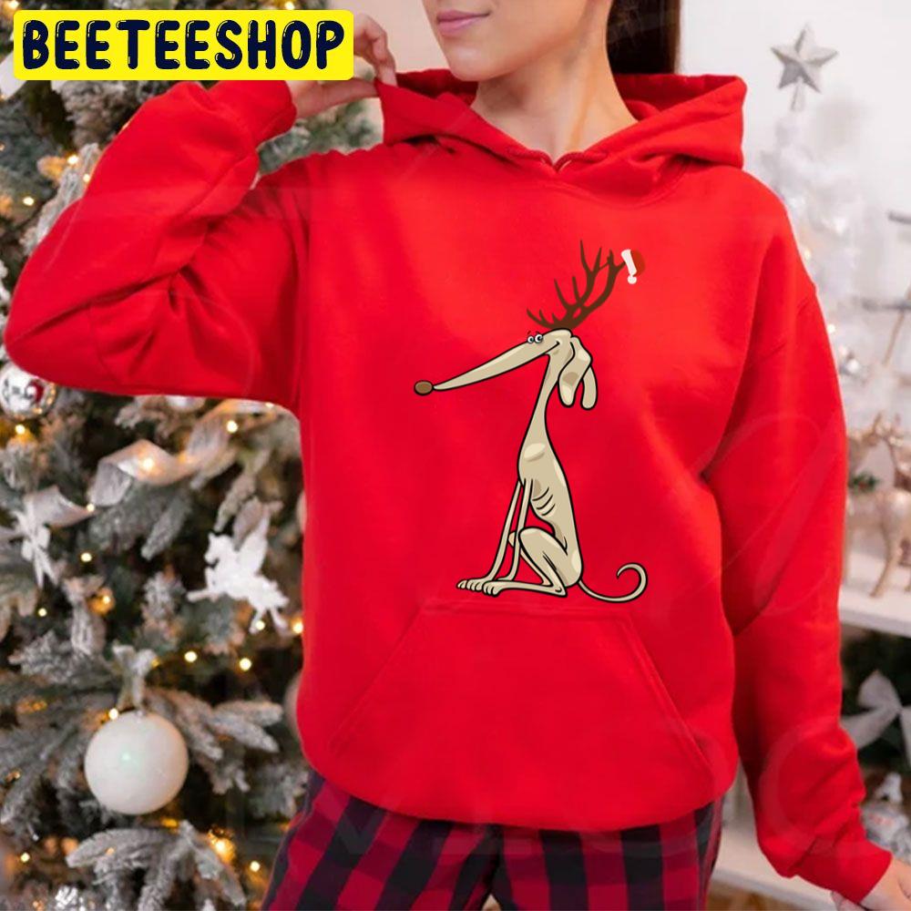 Cartoon Art Greyhound Antlers Dog Reindeer With Santa Hat Trending Unisex Hoodie