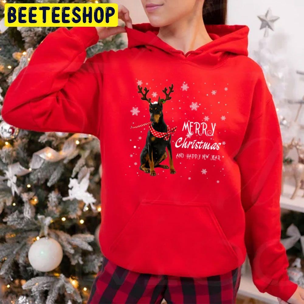 Funny Doberman Christmas Reindeer Christmas Lights Pajama Trending Unisex Hoodie