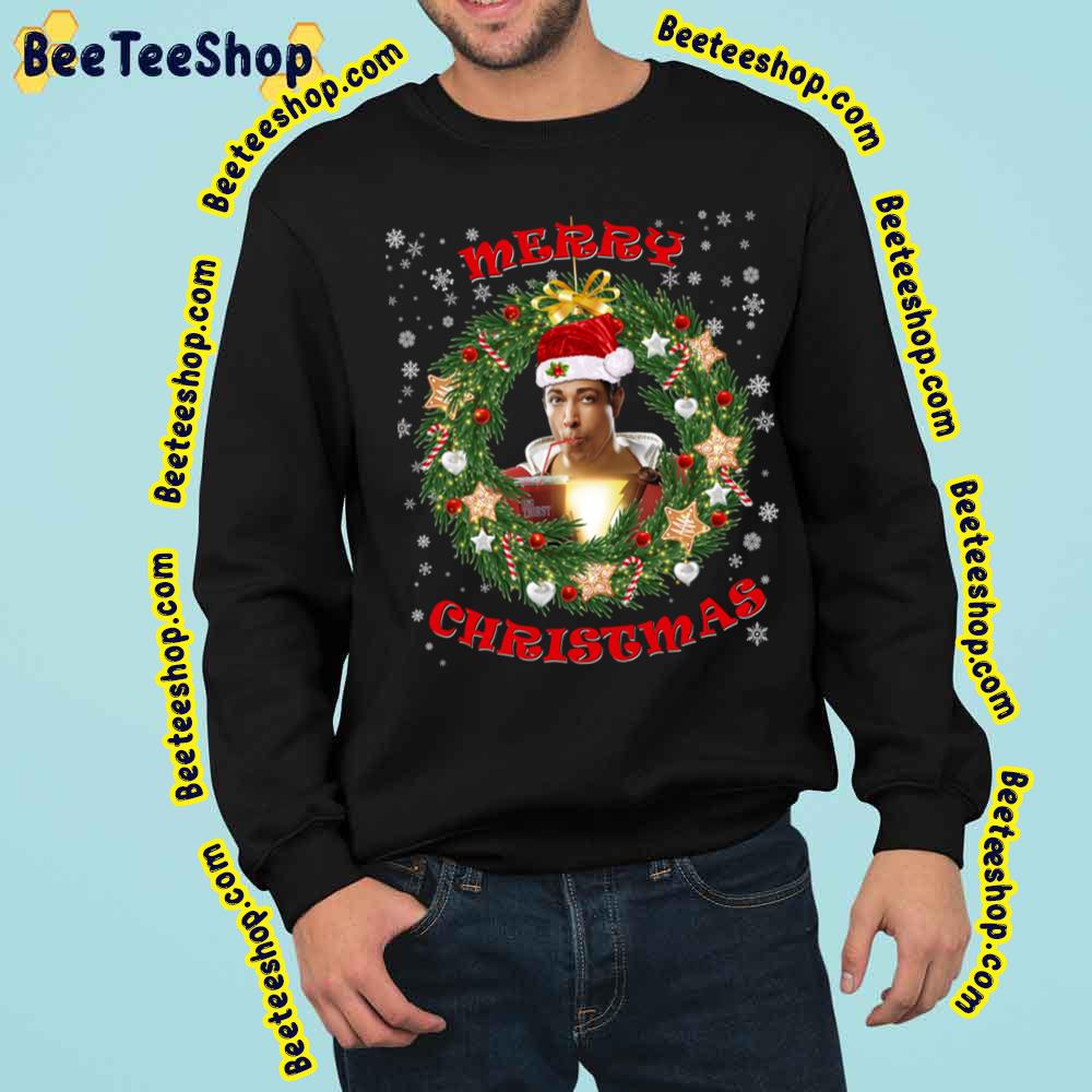 Merry Christmas Shazam Santa Hat And Christmas Wreath Funny Art Trending Unisex Sweatshirt