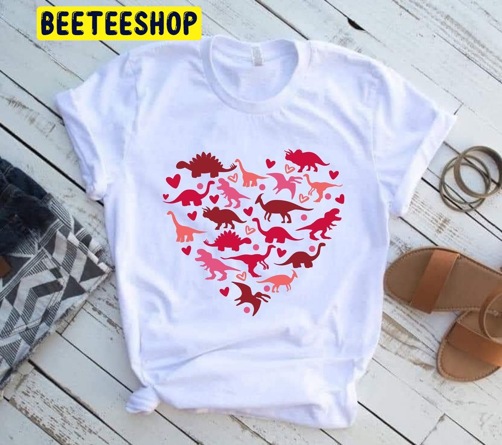 Colored Dinosaur Heart Valentine Trending Unisex Shirt