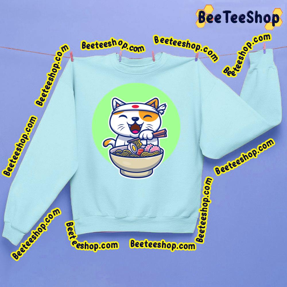 Cute Cat Eating Ramen Cat Design Green Background Trending Unisex Sweatshirt Beeteeshop 9989