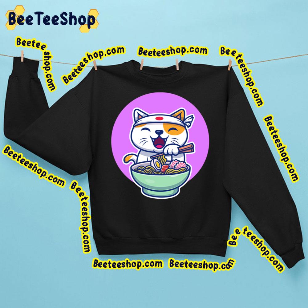 Cute Cat Eating Ramen Cat Design Purple Background Trending Unisex Sweatshirt