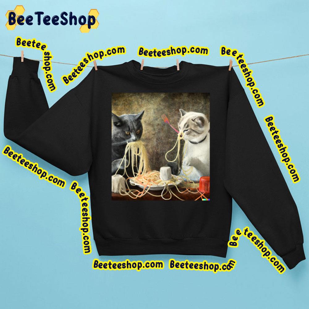 Two Cute Cats Eating Spaghetti Leonardo Da Vinci Style Meme Trending Unisex Sweatshirt