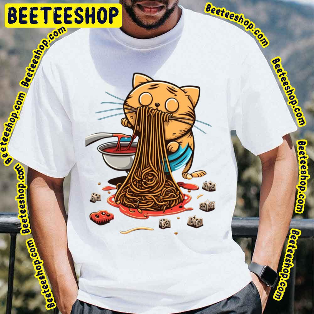 Cartoon Cat Eating Spaghetti Trending Unisex T-Shirt