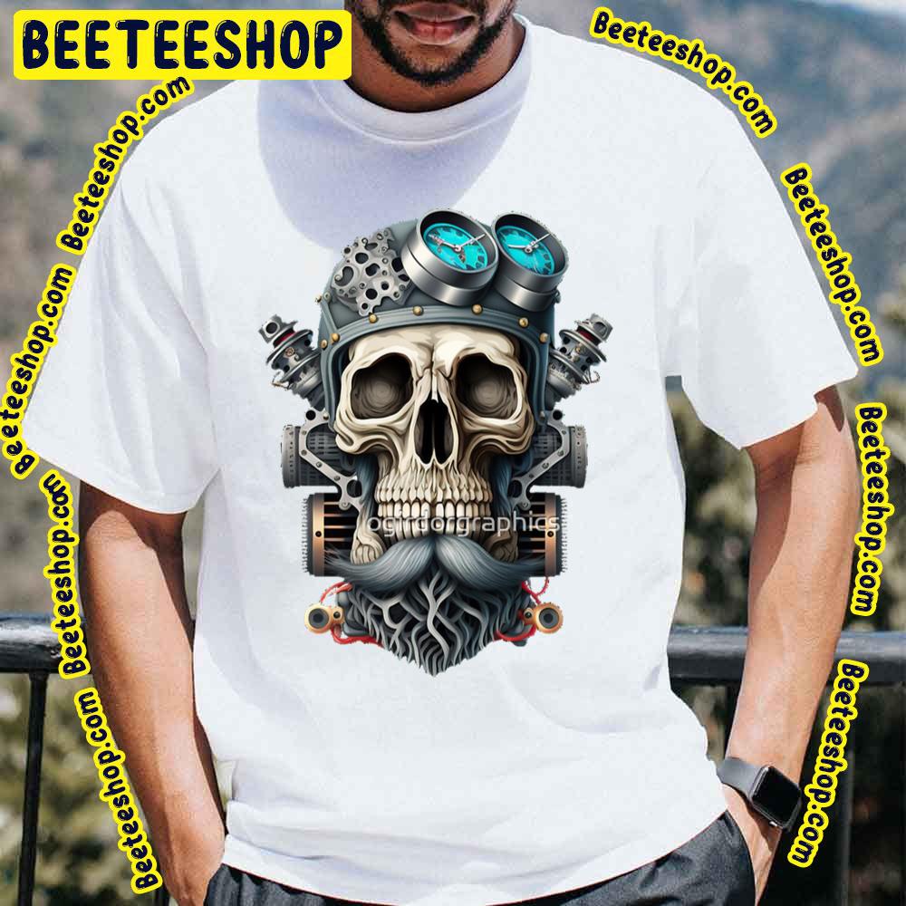 Color Art Skull Beard Dark Mechanic Piston Car Motorcycle Trending Unisex T-Shirt