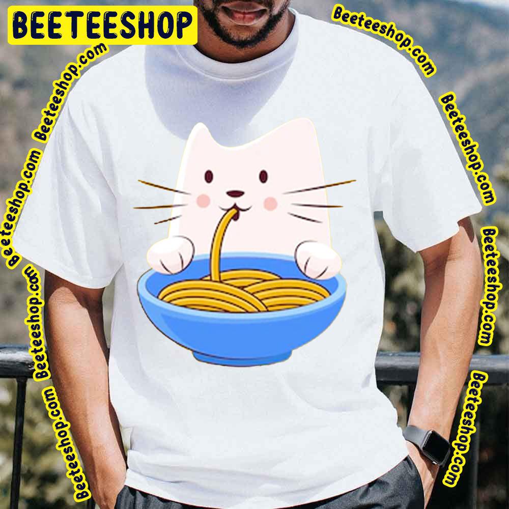 Cute Cat Eating Ramen Eating Spaghetti Trending Unisex T-Shirt