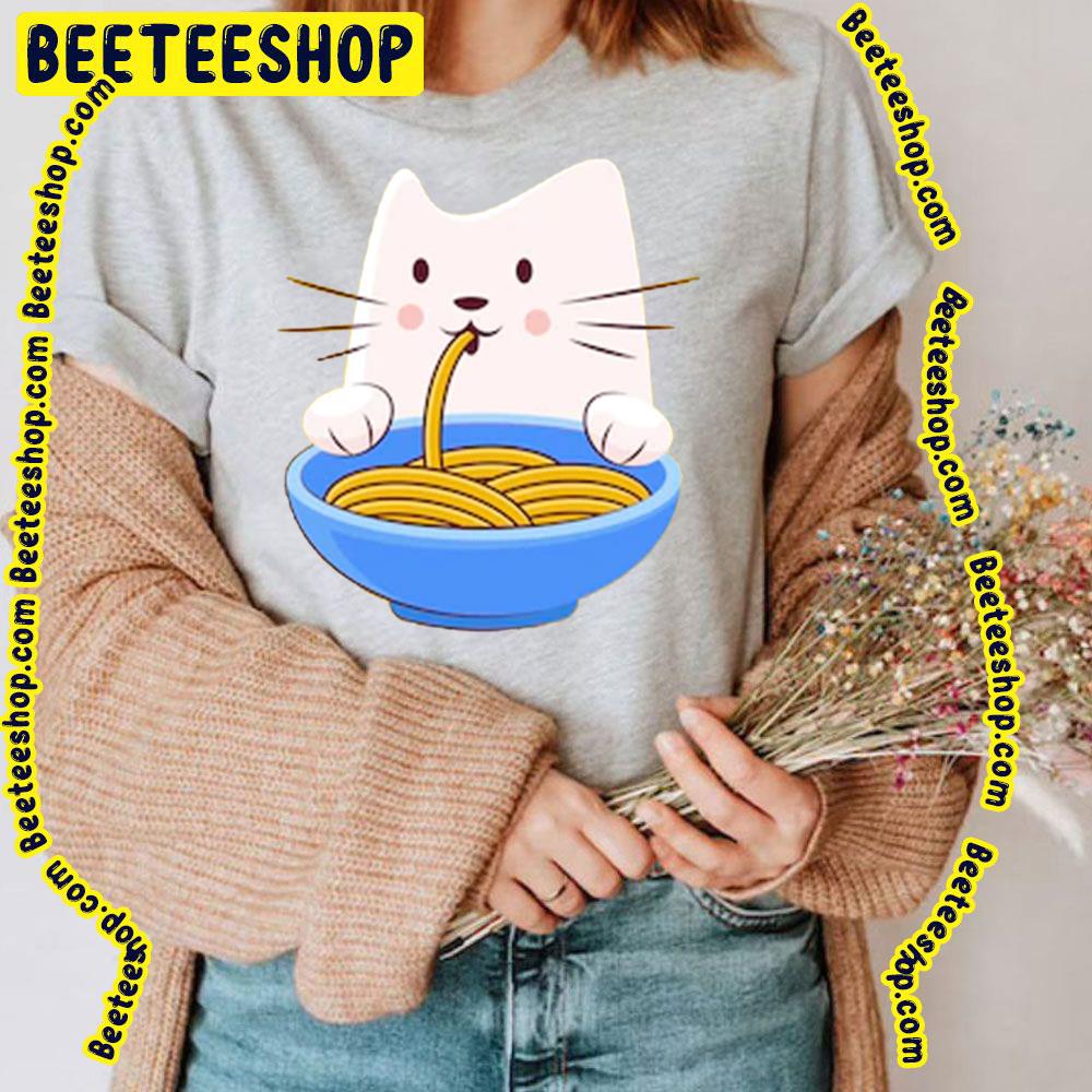 Cute Cat Eating Ramen Eating Spaghetti Trending Unisex T-Shirt