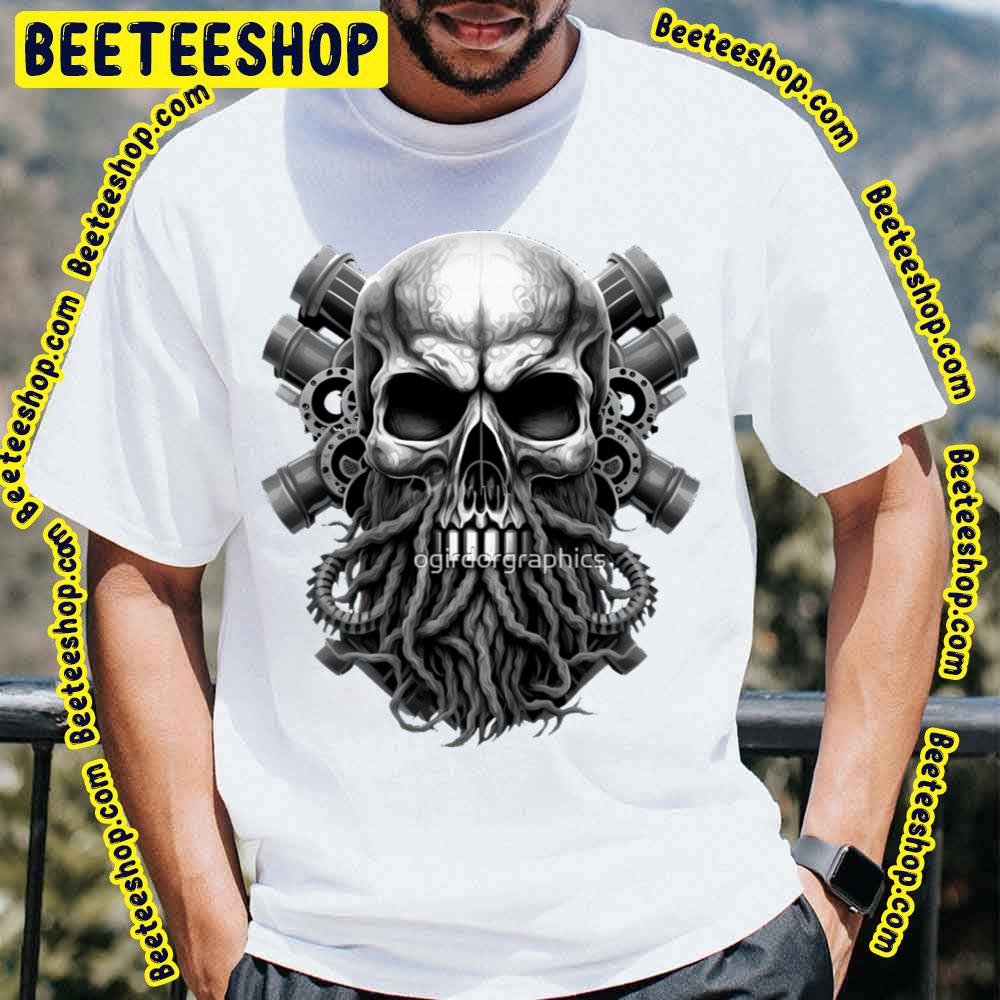 Black White Art Skull Beard Dark Mechanic Piston Car Motorcycle Trending Unisex T-Shirt