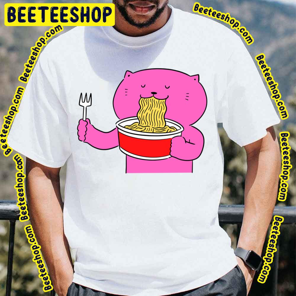 Retro Pink Cat Cat Eating Spaghetti Trending Unisex T-Shirt