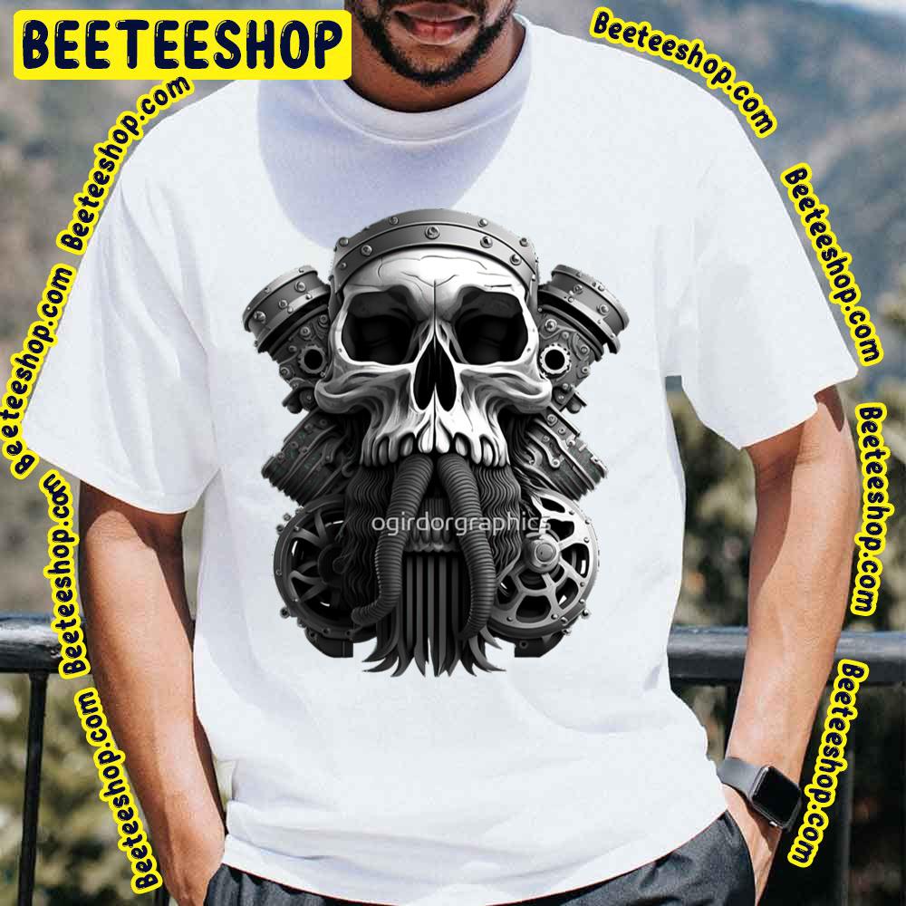 Skull Beard Dark Mechanic Piston Car Motorcycle Black White Art Trending Unisex T-Shirt