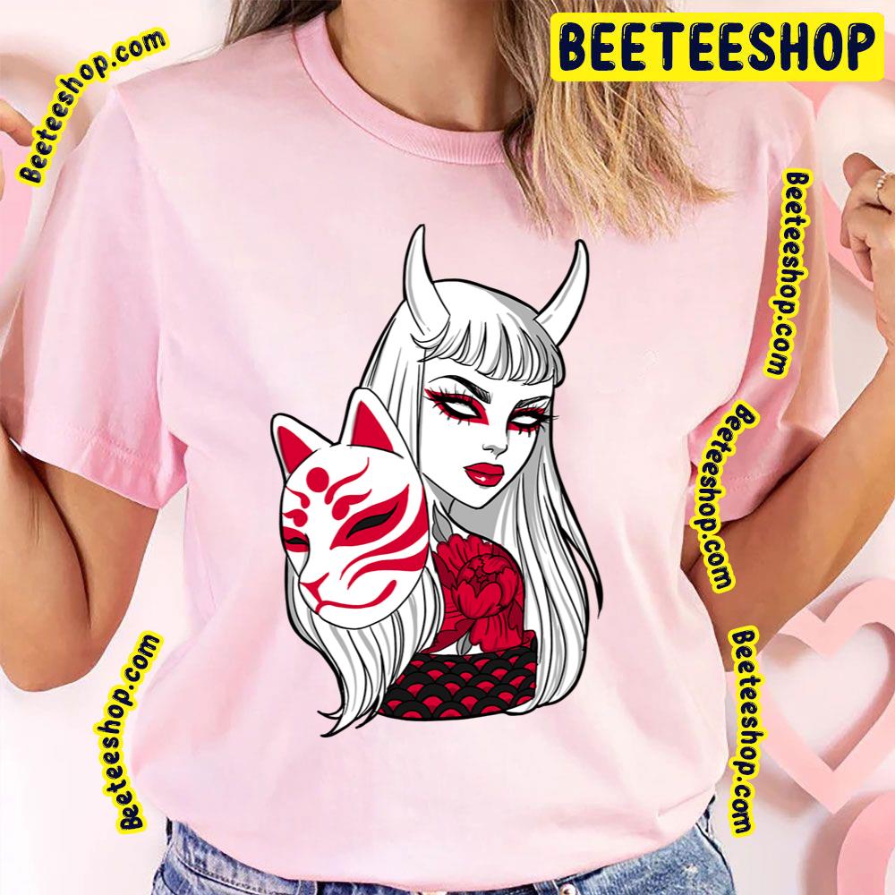 Kitsune Mask And Oni Girl (Japanese Demon) Yokai Kawaii Demon Fox Trending Unisex T-Shirt