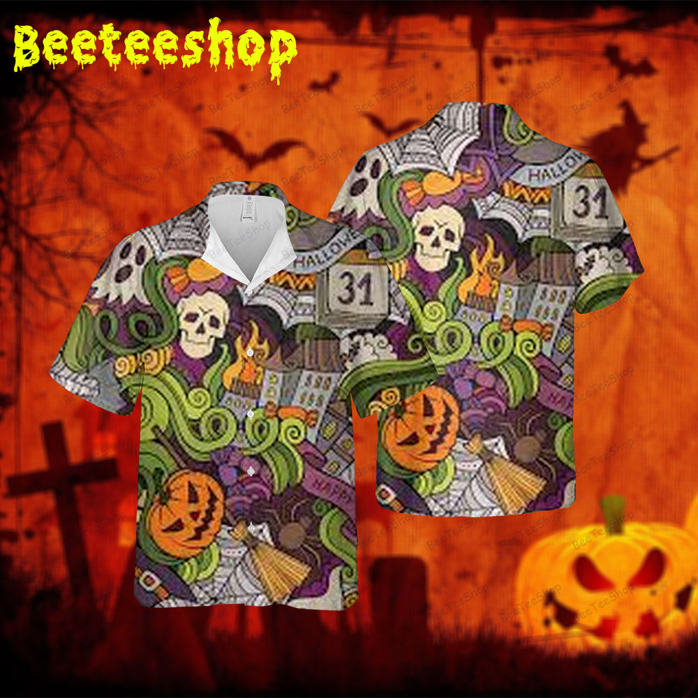 Art Pumpkins Halloween Spread Collar Hawaii Shirt