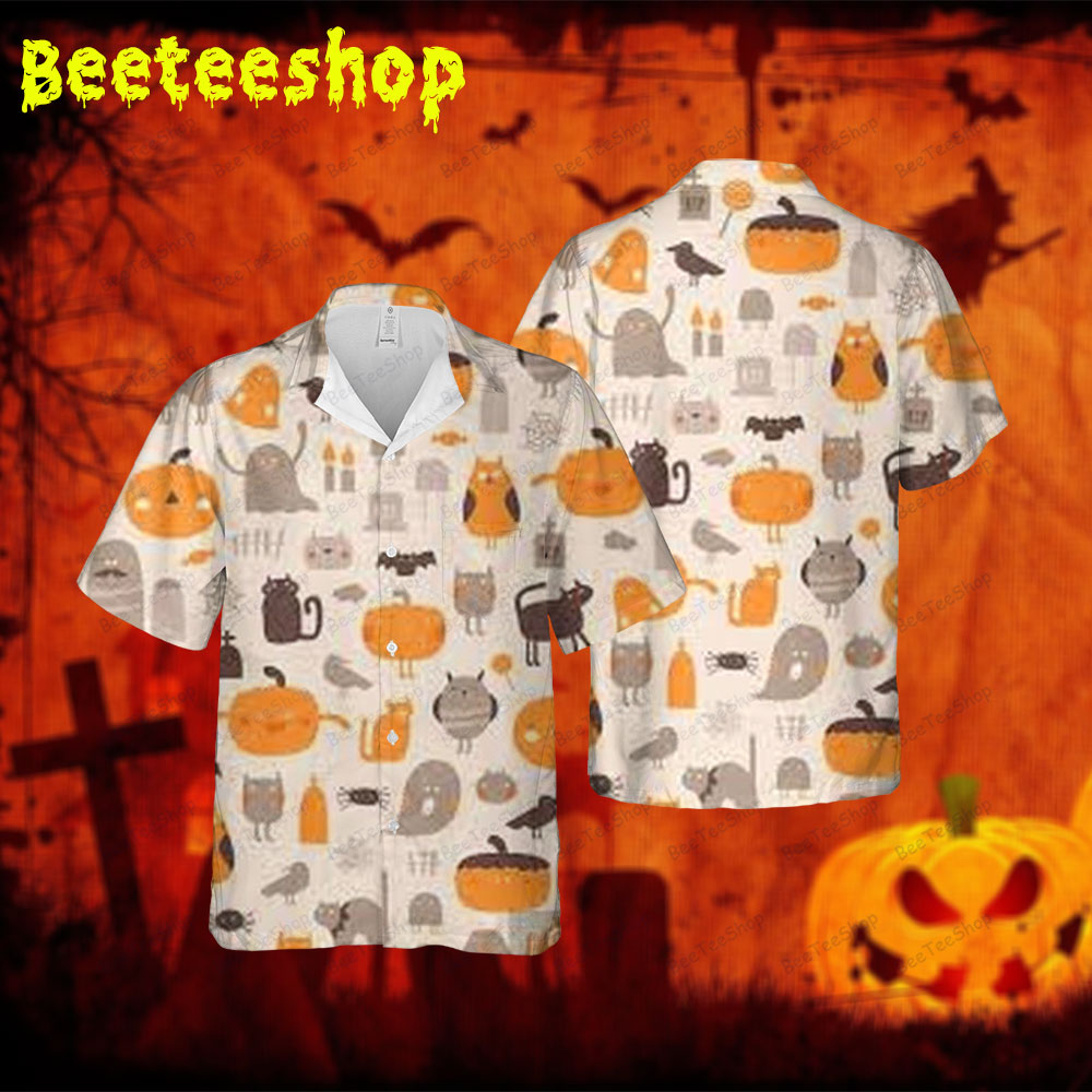 Bats Cats Pumpkins Halloween 066 Spread Collar Hawaii Shirt