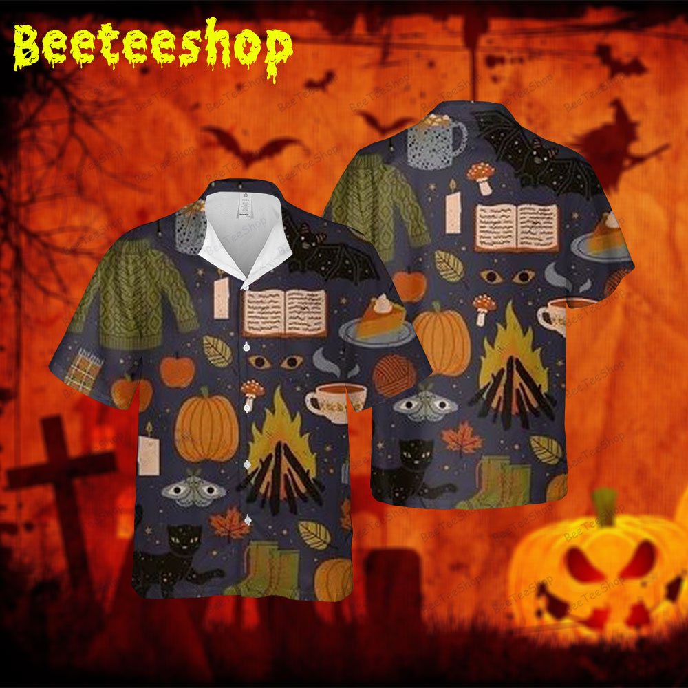 Bats Cats Pumpkins Halloween 165 Spread Collar Hawaii Shirt