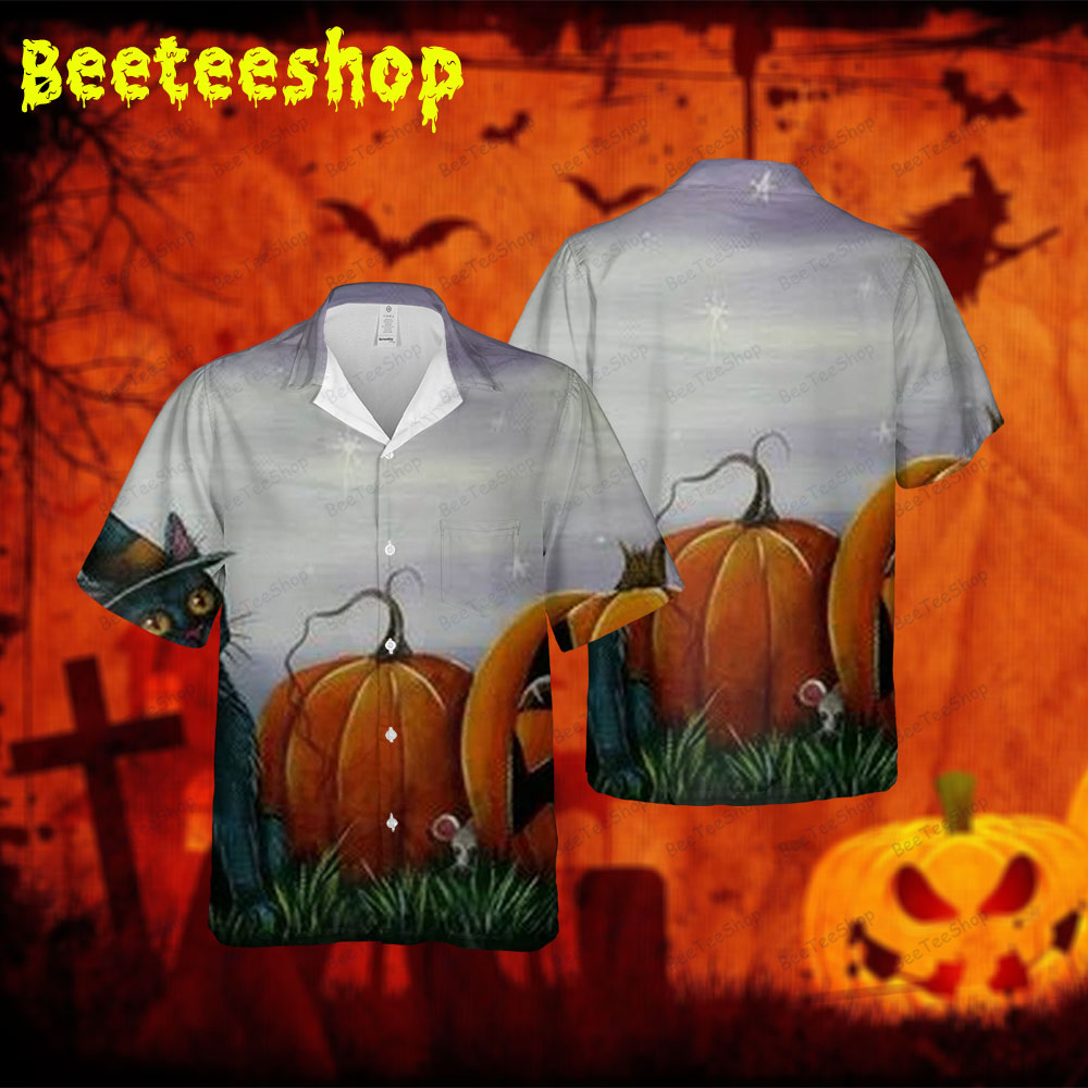 Bats Cats Pumpkins Halloween 402 Spread Collar Hawaii Shirt