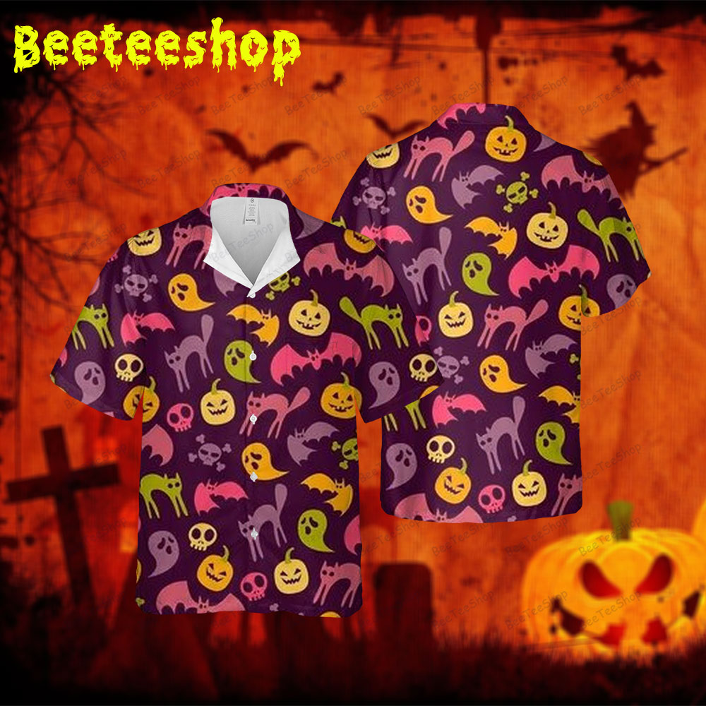 Bats Ghosts Pumpkins Halloween 092 Spread Collar Hawaii Shirt