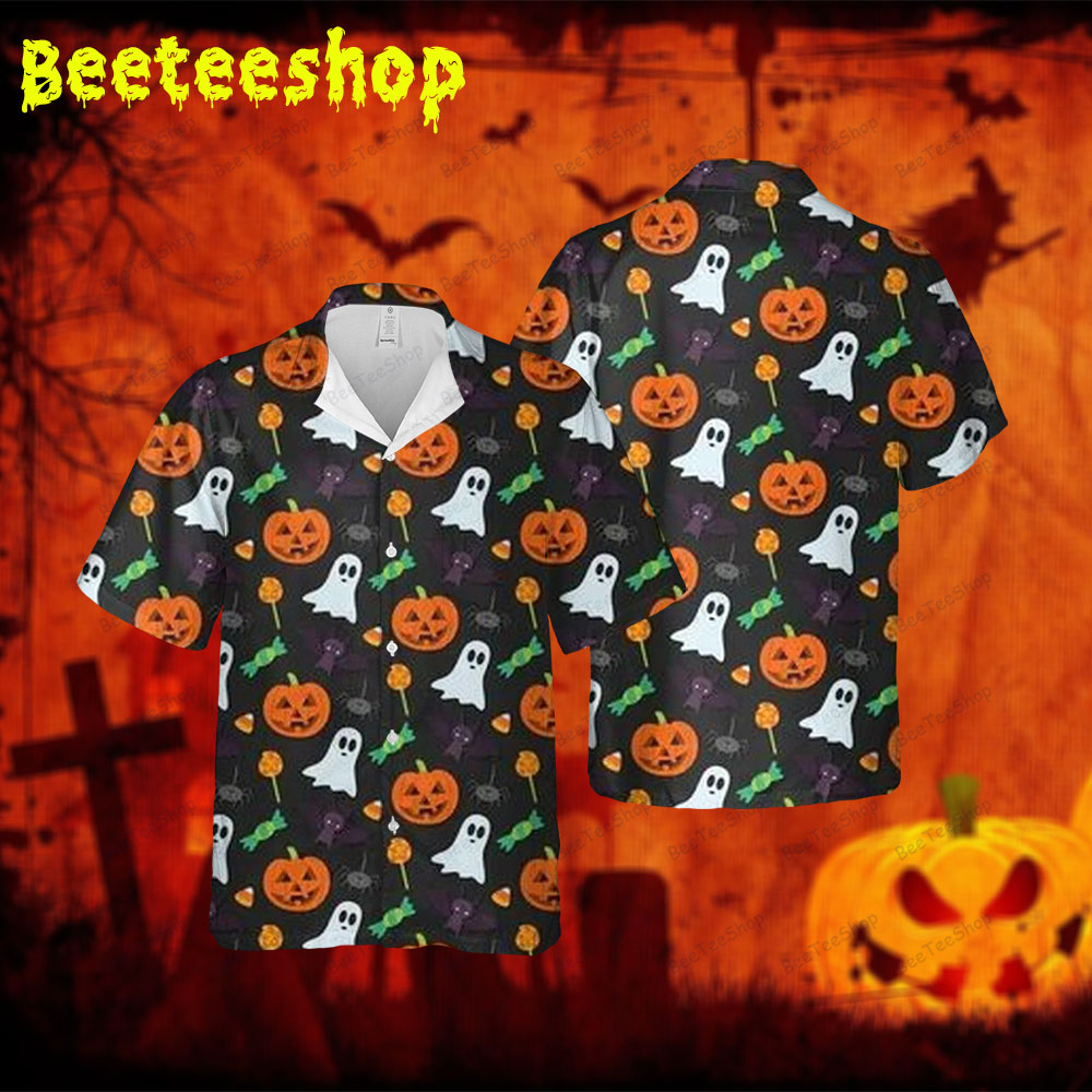 Candy Bats Boos Pumpkins Halloween Spread Collar Hawaii Shirt