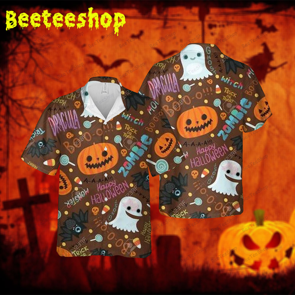 Candy Ghosts Pumpkins Halloween 253 Spread Collar Hawaii Shirt