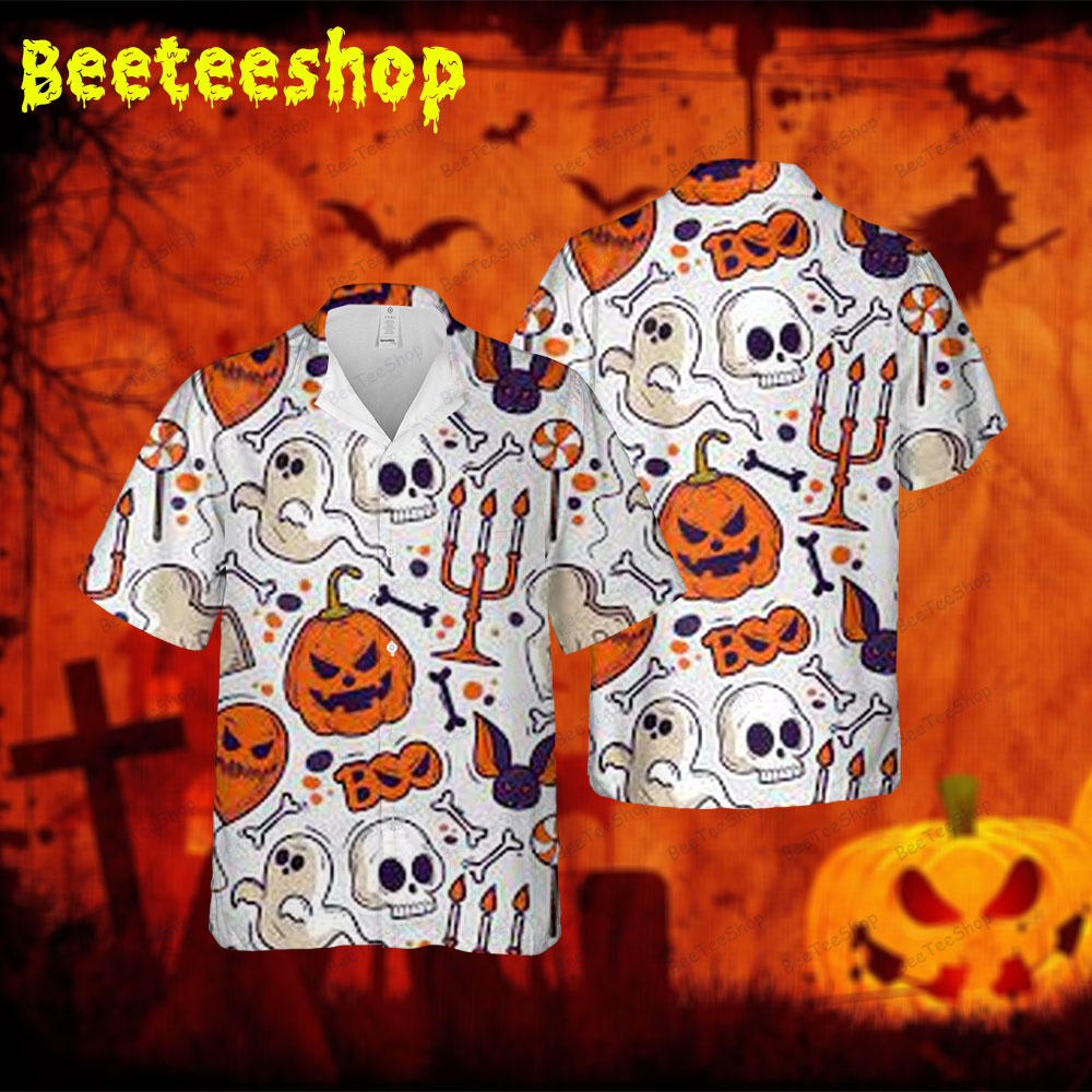 Candy Skulls Bats Boos Pumpkins Halloween Spread Collar Hawaii Shirt