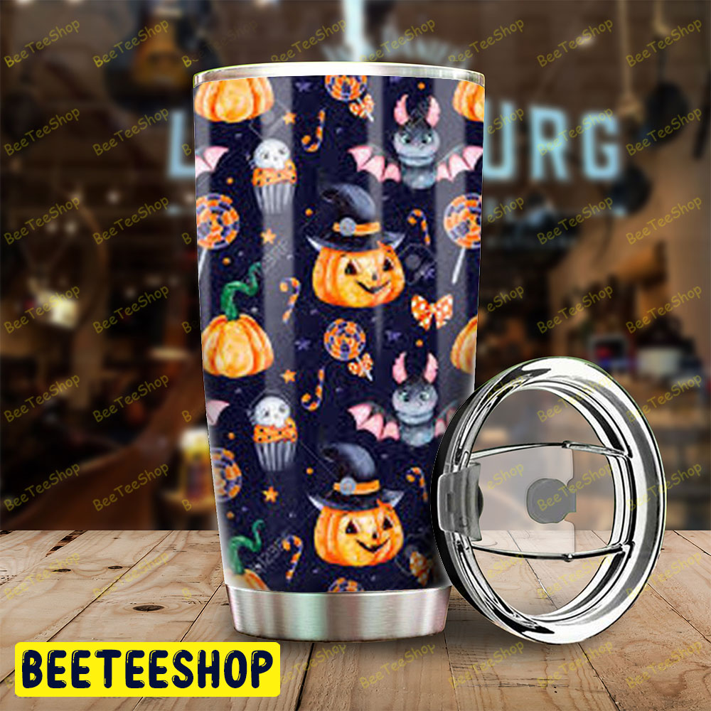 Candy Skulls Bats Pumpkins Halloween Pattern Tumbler