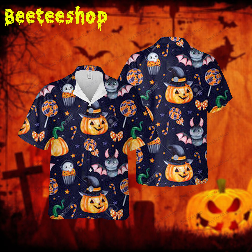 Candy Skulls Bats Pumpkins Halloween Spread Collar Hawaii Shirt