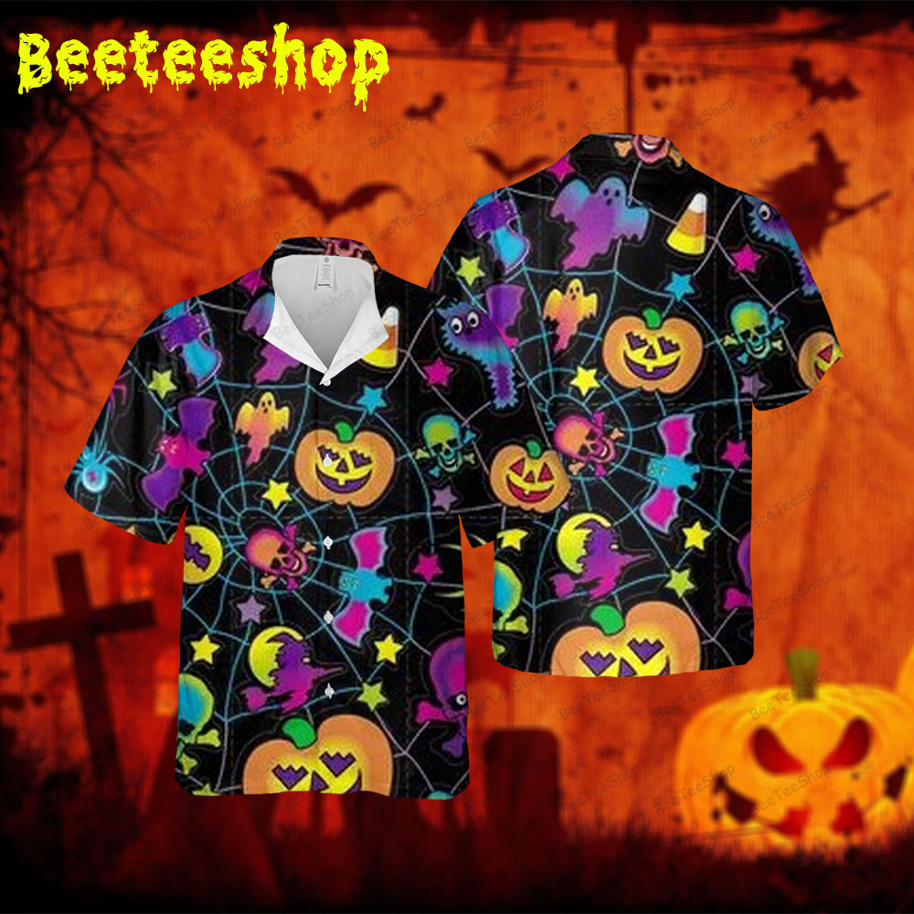 Candy Spiders Pumpkins Halloween Spread Collar Hawaii Shirt