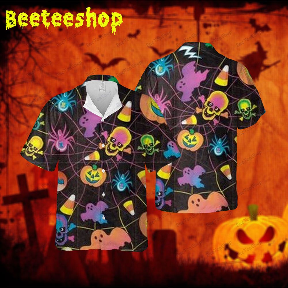 Candy Spiders Skulls Ghosts Pumpkins Halloween Spread Collar Hawaii Shirt