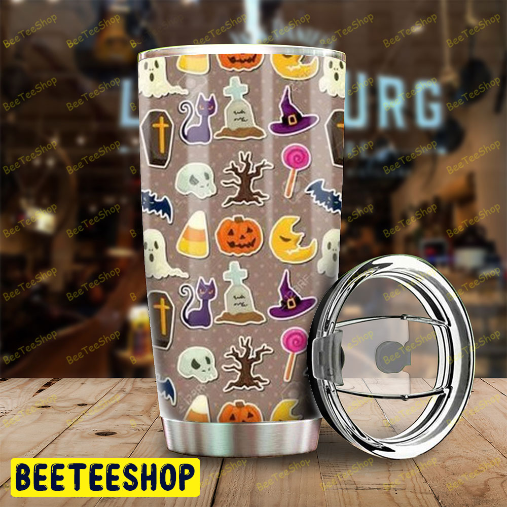 Candy Witch Hats Skulls Ghosts Pumpkins Halloween Pattern Tumbler