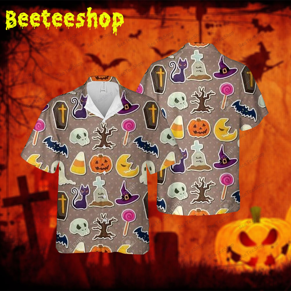 Candy Witch Hats Skulls Ghosts Pumpkins Halloween Spread Collar Hawaii Shirt