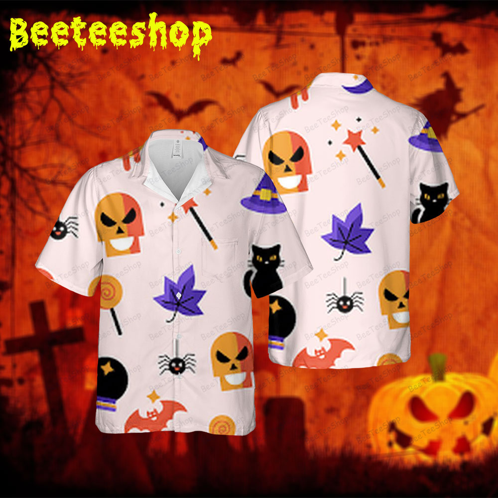 Candy Witch Hats Spiders Skulls Bats Cats Halloween Spread Collar Hawaii Shirt