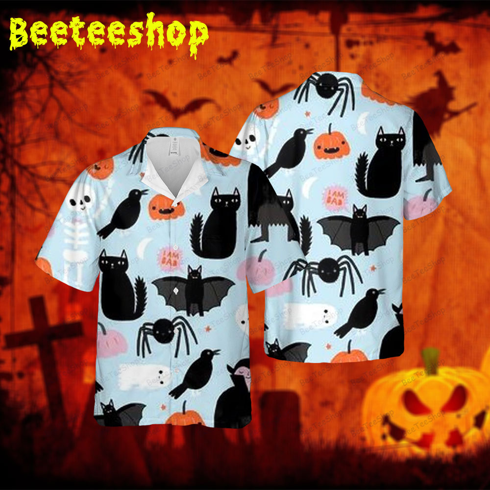 Crows Spiders Bats Cats Pumpkins Halloween Spread Collar Hawaii Shirt