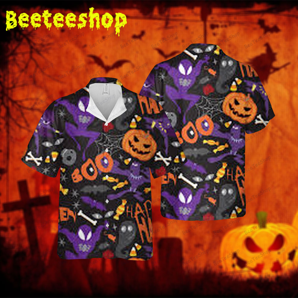 Ghosts Pumpkins Halloween 127 Spread Collar Hawaii Shirt