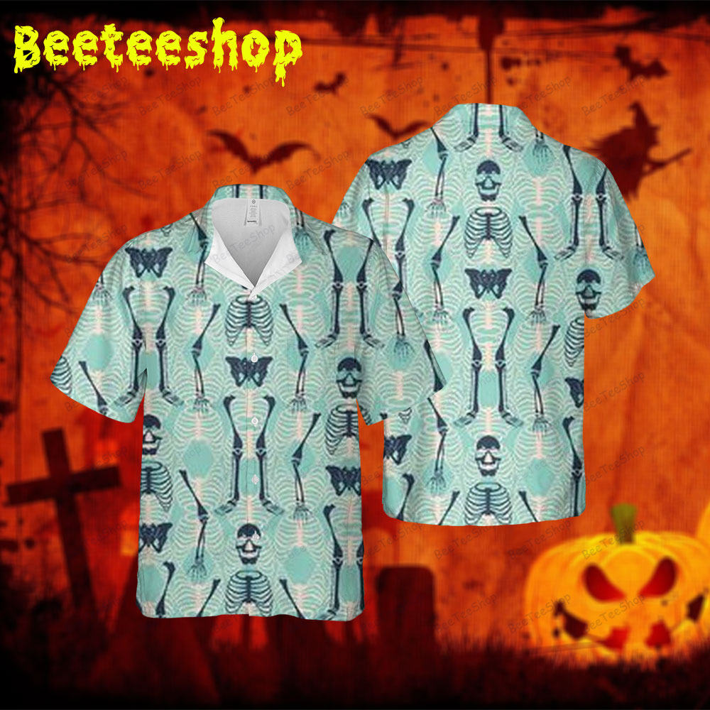 Green Skeletons Halloween Spread Collar Hawaii Shirt