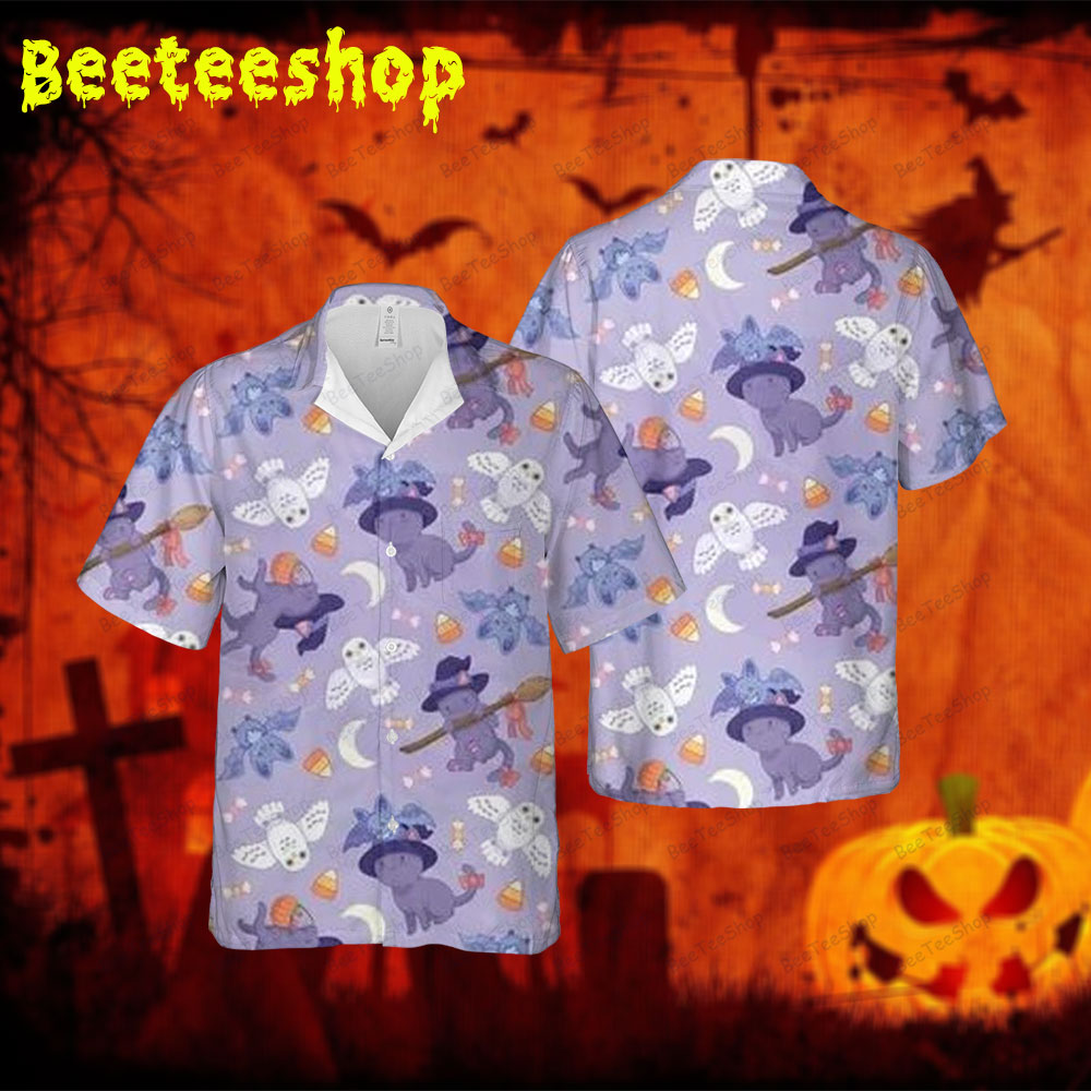 Owl Bats Cats Halloween Spread Collar Hawaii Shirt