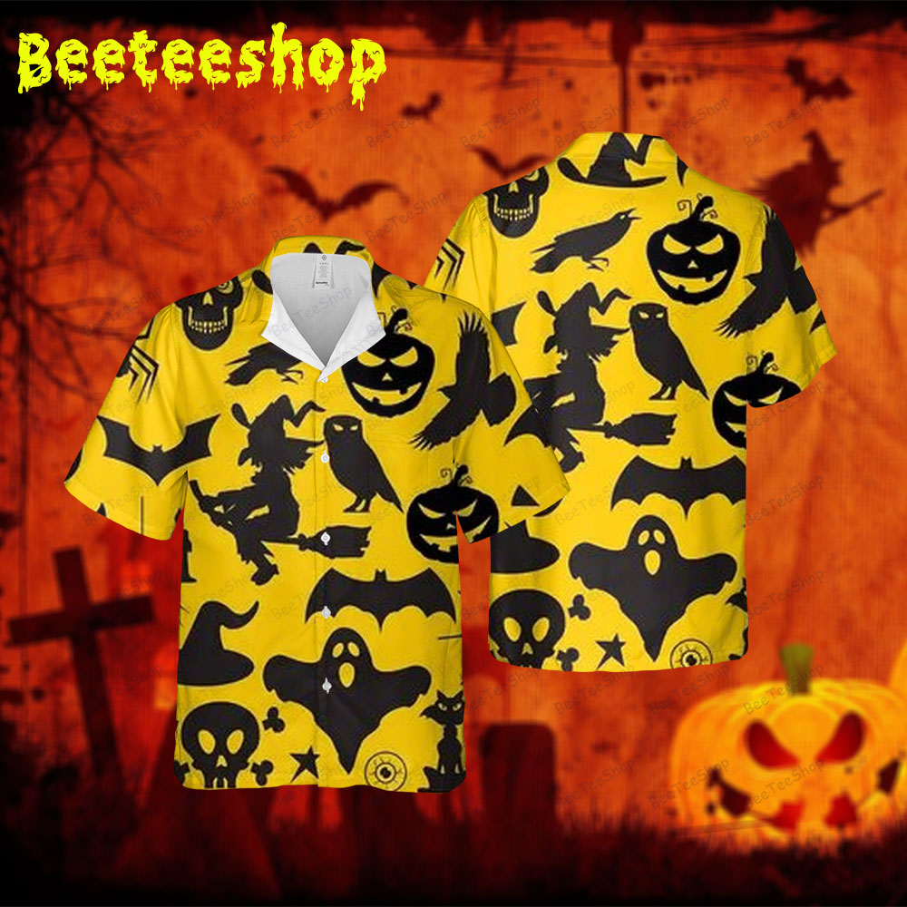 Owl Spiders Bats Cats Pumpkins Halloween Spread Collar Hawaii Shirt