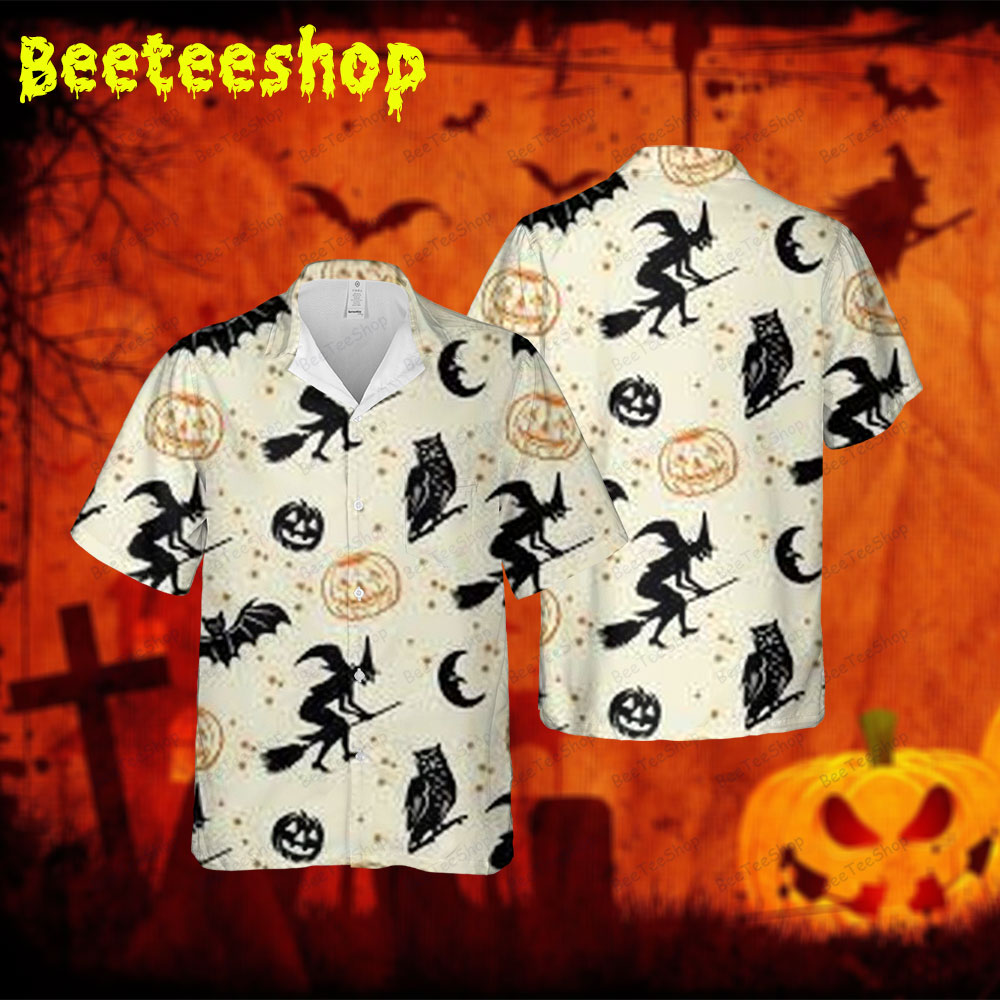 Owl Witch Hats Witchs Bats Pumpkins Halloween Spread Collar Hawaii Shirt