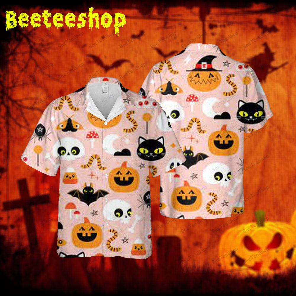 Purple Art Pumpkins Halloween Spread Collar Hawaii Shirt