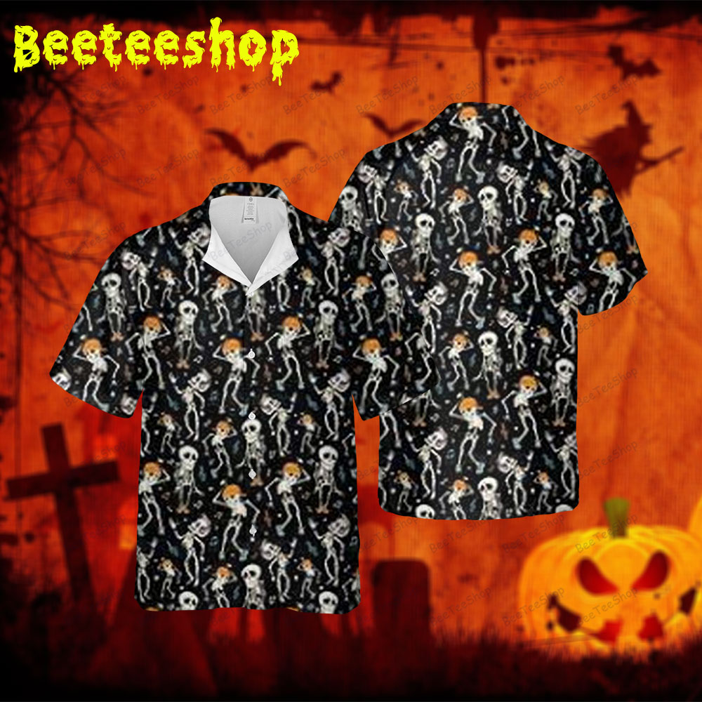 Skeletons Pumpkins Halloween 129 Spread Collar Hawaii Shirt