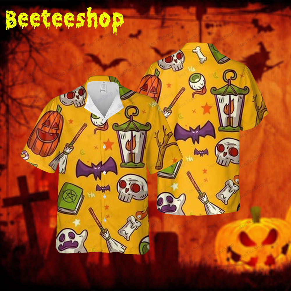 Skulls Bats Boos Pumpkins Halloween 014 Spread Collar Hawaii Shirt