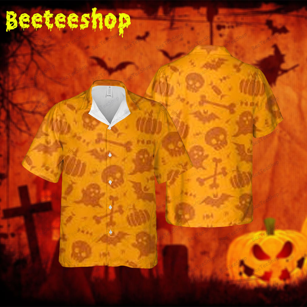 Skulls Bats Pumpkins Halloween 043 Spread Collar Hawaii Shirt