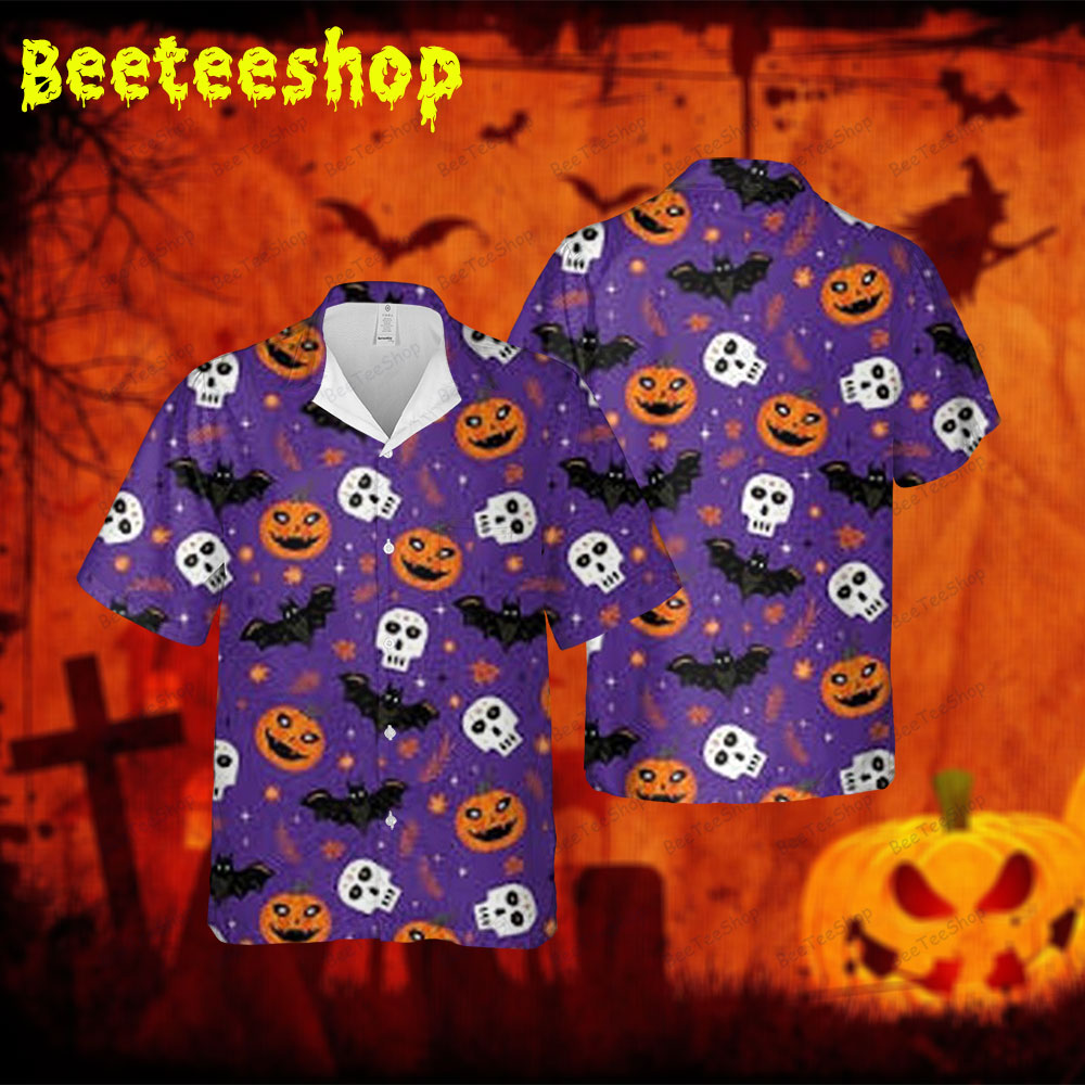 Skulls Bats Pumpkins Halloween 102 Spread Collar Hawaii Shirt