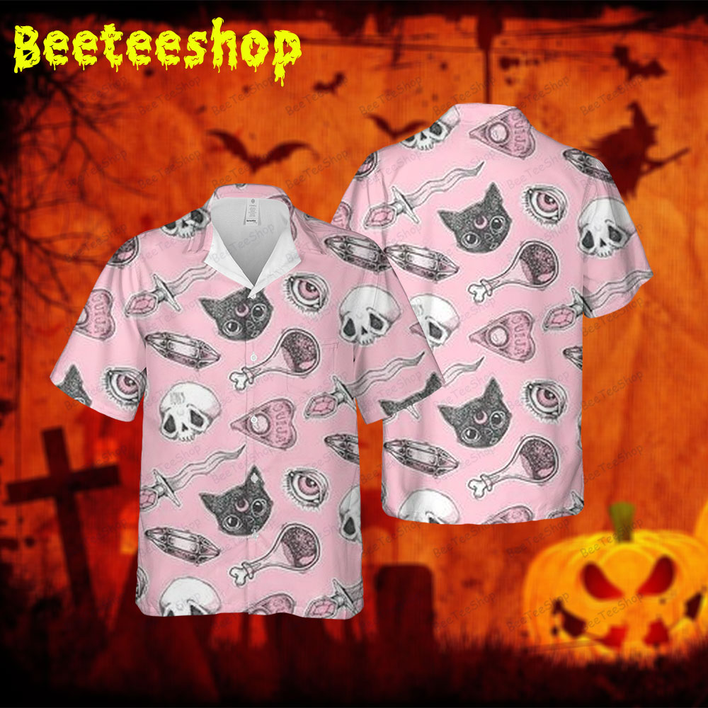 Skulls Cats Halloween Spread Collar Hawaii Shirt