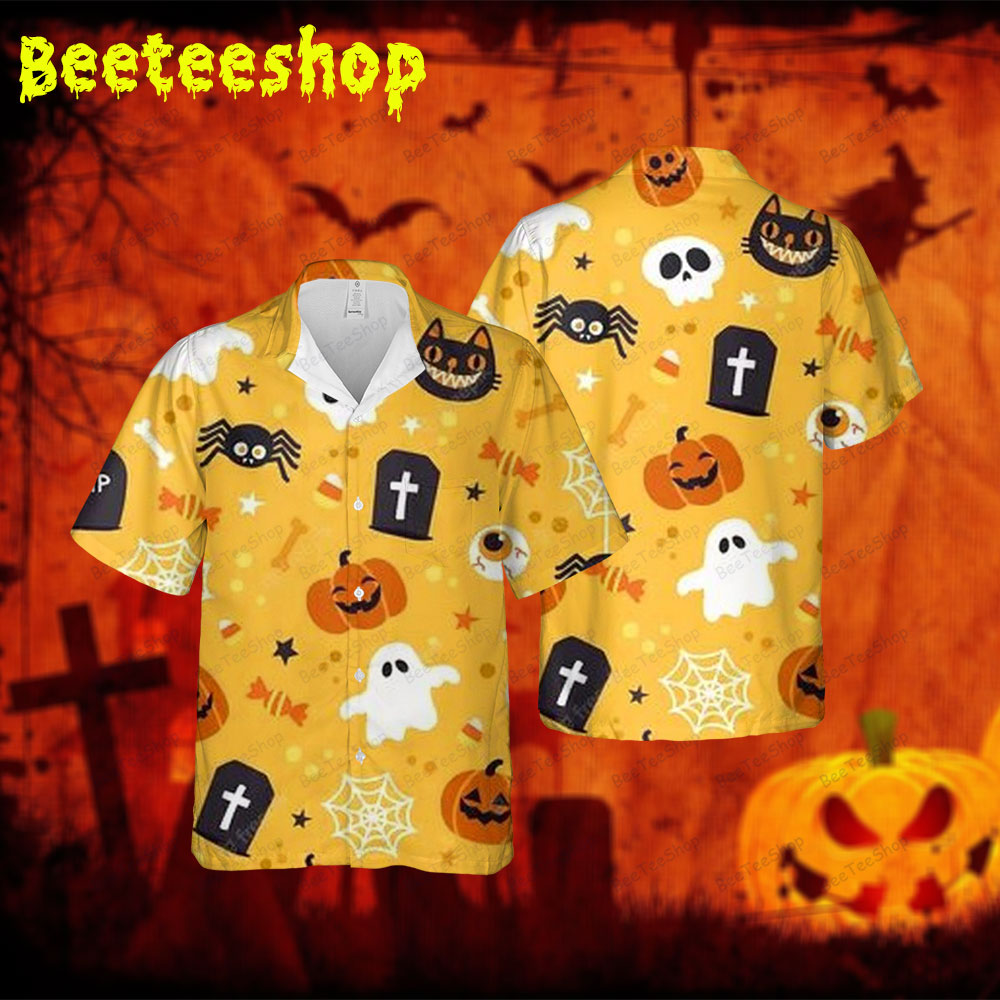 Skulls Ghosts Pumpkins Halloween 200 Spread Collar Hawaii Shirt