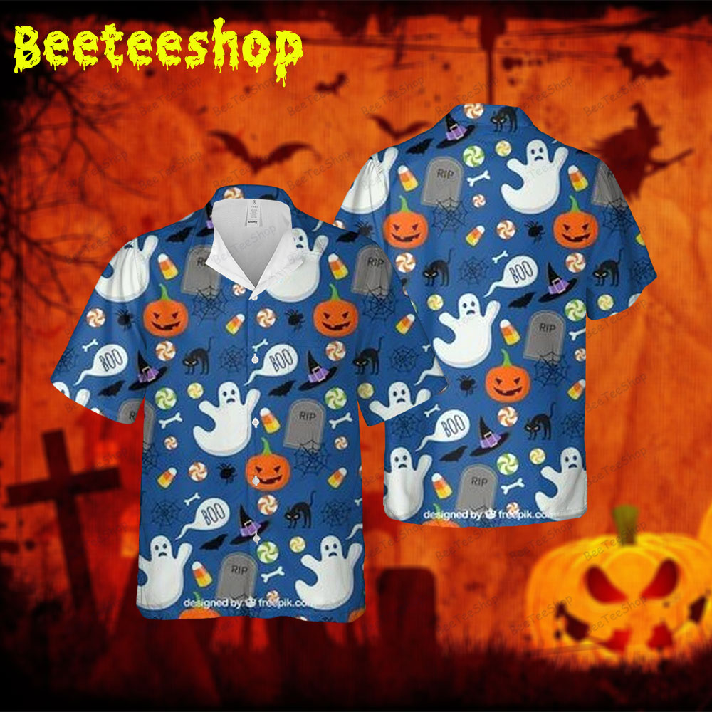 Spiders Bats Cats Ghosts Pumpkins Halloween 110 Spread Collar Hawaii Shirt