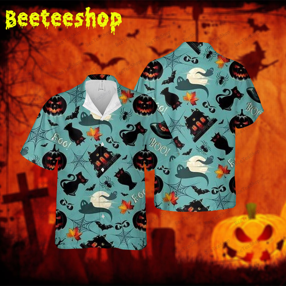 Spiders Bats Cats Ghosts Pumpkins Halloween 164 Spread Collar Hawaii Shirt