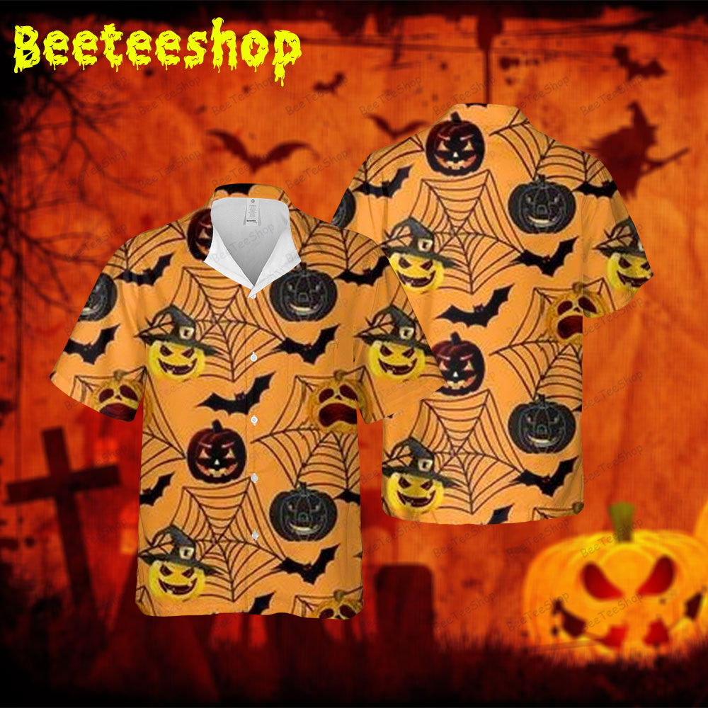 Spiders Bats Pumpkins Halloween 114 Spread Collar Hawaii Shirt